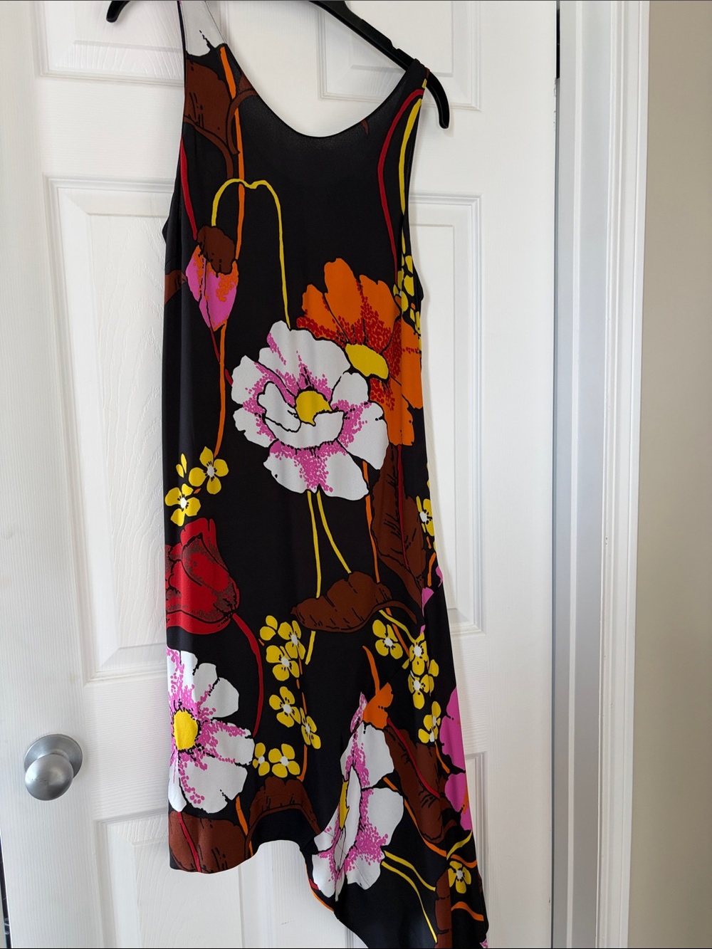 Marni Black Floral Asymmetrical Slip Dress with Pink, Orange & Yellow Accents